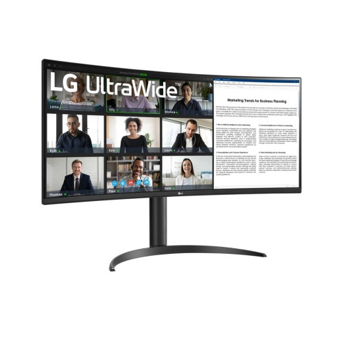 Front view of LG 34WR55QK-B featuring a sleek, ultra-wide curved design